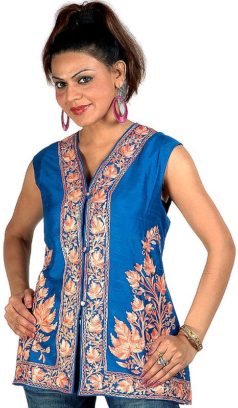 Azure Blue Waistcoat with Aari Embroidered Leaves