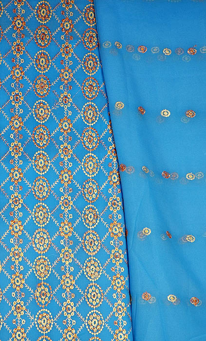 Azure Salwar Kameez Suit with Golden Embroidery All-Over