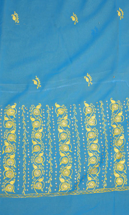 Azure Salwar Suit Fabric with Embroidered Paisleys on Front
