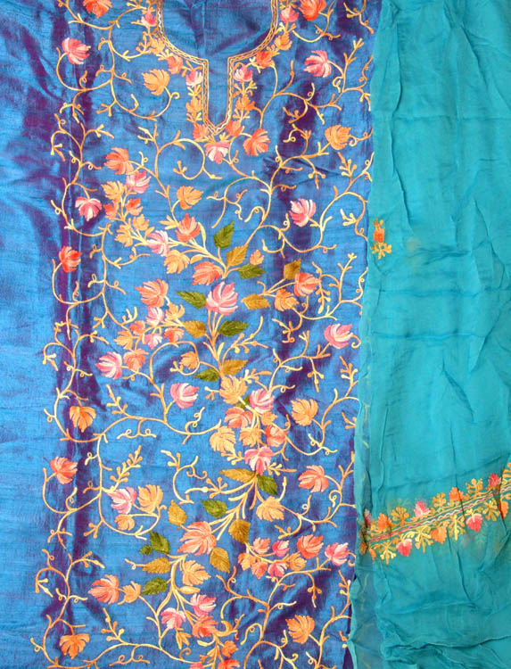 Azure Suit Fabric from Kashmir with All-Over Floral Embroidery and Chiffon Dupatta