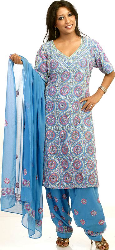 Azure-Blue Salwar Kameez with All-Over Lukhnavi Chikan Embroidery