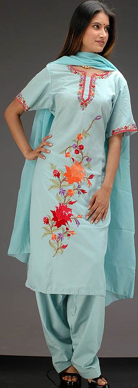 Baby Blue Cotton Suit with Kashmiri Embroidery