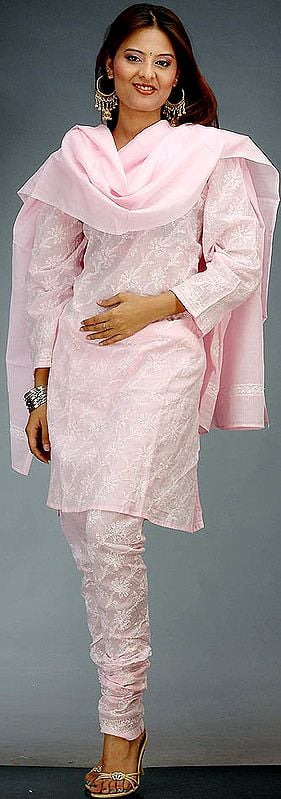 Baby-Pink Choodidaar Chikan Suit from Lucknow with Sequins