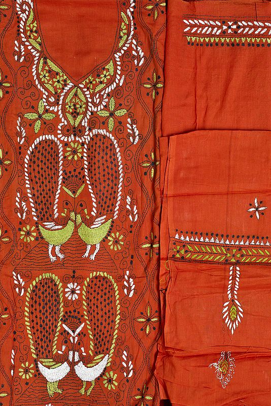 Baked Clay-Brown Salwar Kameez Fabric Kantha Embroidered Peacocks