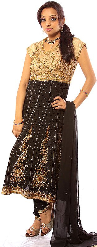Beige and Black Anarkali Suit with Beaded Flowers and Sequins