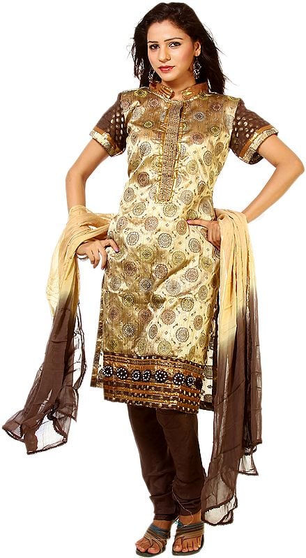 Beige and Brown Brocaded Salwar Suit with Large Woven Bootis