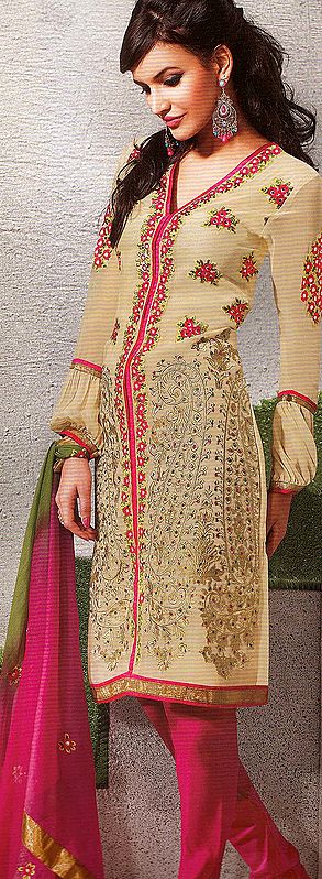 Beige and Magenta V-Neck Choodidaar Suit with Embroidered Beads and Golden Border