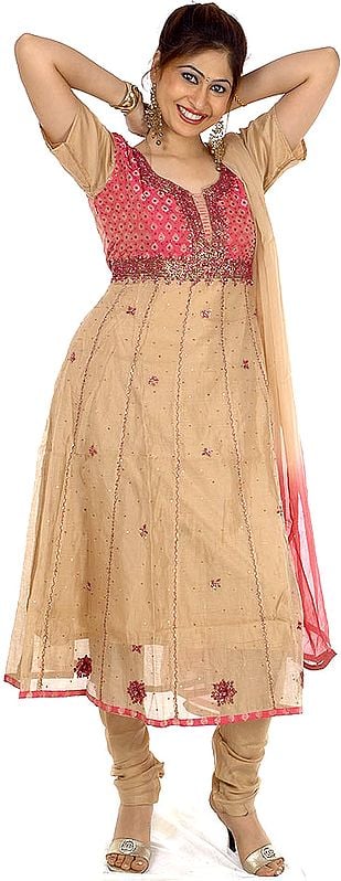 Beige and Pink Anarkali Suit with Sequins and Beadwork