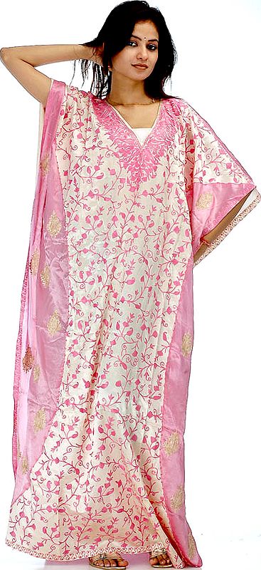 Beige and Pink Kaftan with All-Over Aari Embroidery
