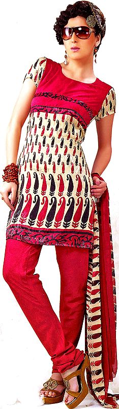 Beige and Red Choodidaar Suit with Self Weave and Printed  Paisleys All-Over