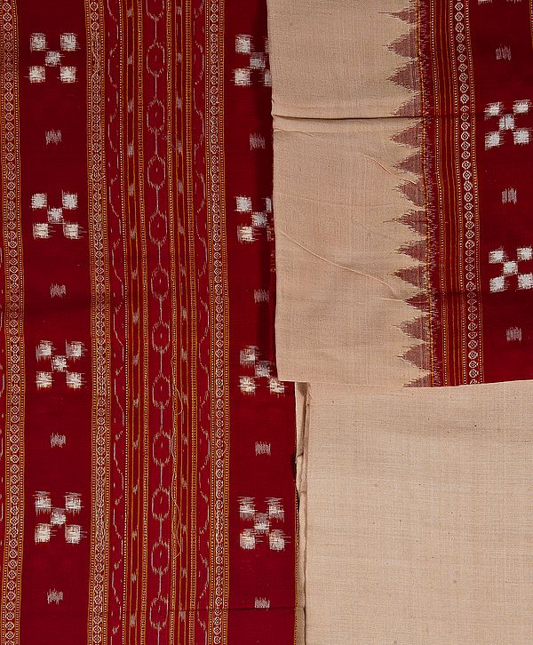 Beige and Scarlet Salwar Kameez Fabric from Sambhalpur with Ikat Woven Checks and Temple Border