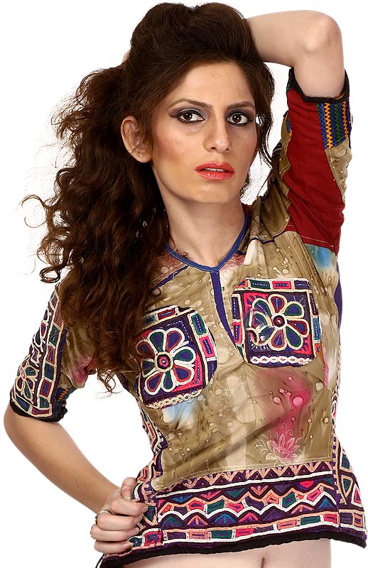 Beige Backless Choli from Kutch with Antiquated Rabari Embroidery