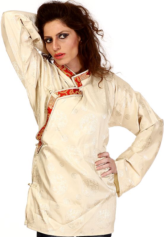 Beige Brocaded Cheongsam Top from Nepal with with Chinese Auspicious Good Luck Symbols
