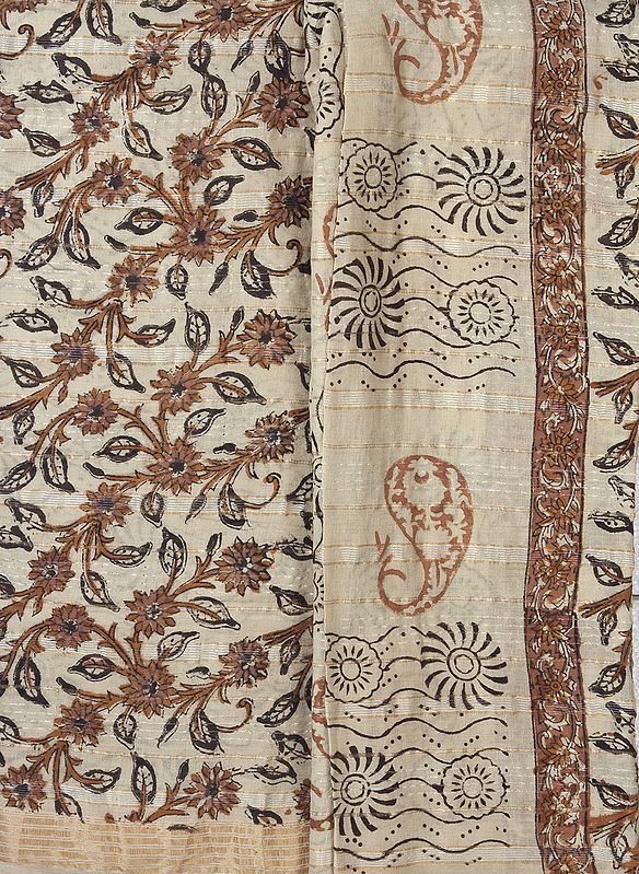 Beige Chanderi Salwar Kameez Fabric with Printed Flowers and Golden Border