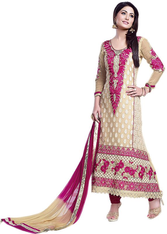 Beige Choodidaar Suit with Pink Dupatta and Aari Embroidered Flowers