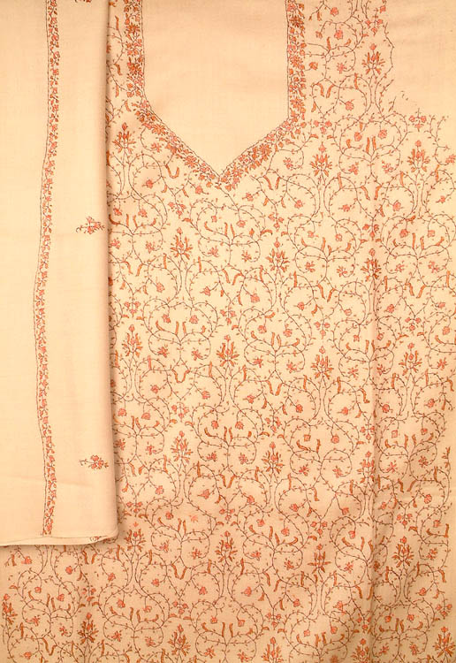 Beige Hand-Embroidered Kashmiri Suit with Shawl
