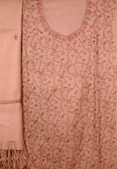 Beige Hand-Embroidered Suit from Kashmir with Shawl