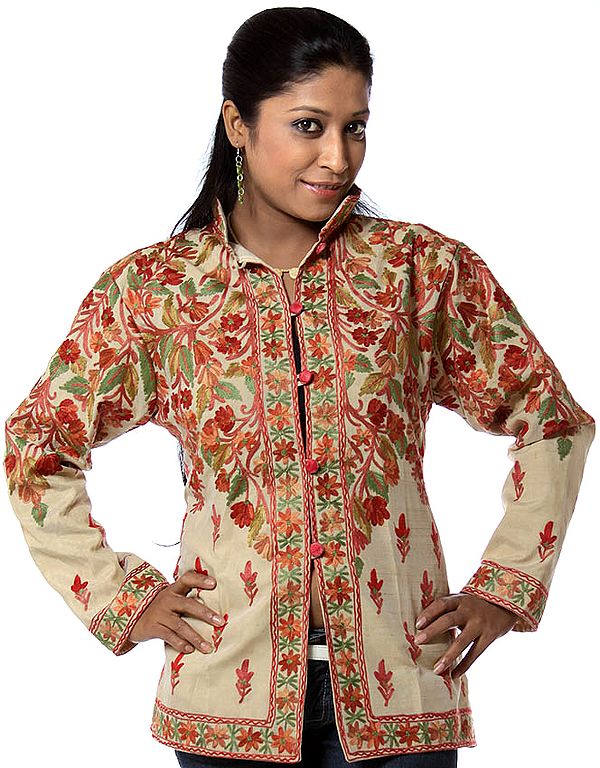 Beige High-Neck Jacket with Floral Embroidery