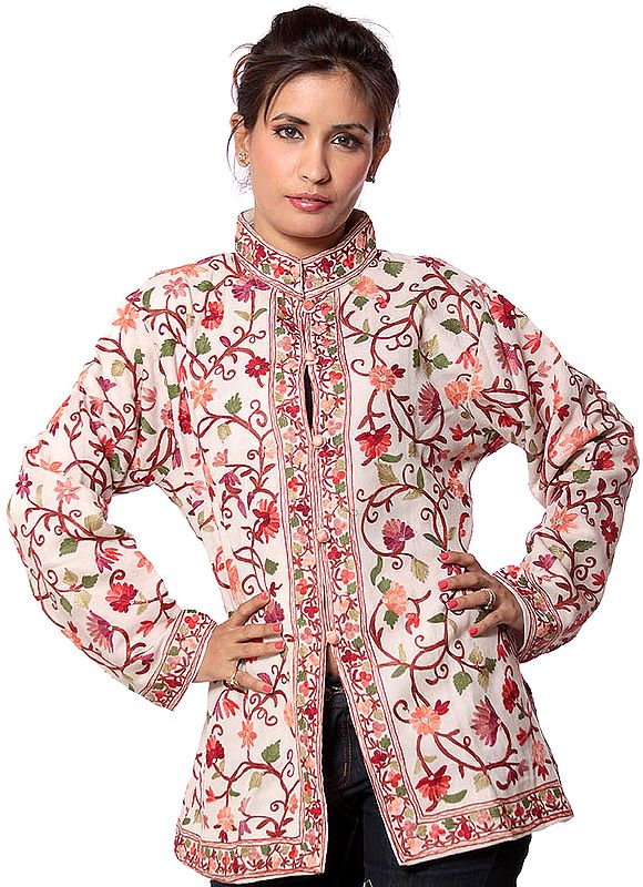 Beige Jacket from Kashmir with Aari Embroidered Flowers All-Over