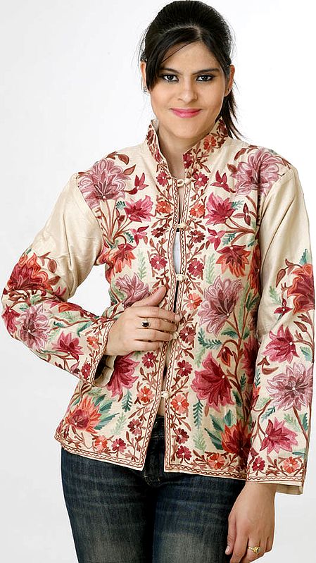 Beige Jacket with Large Flowers Embroidered All-Over