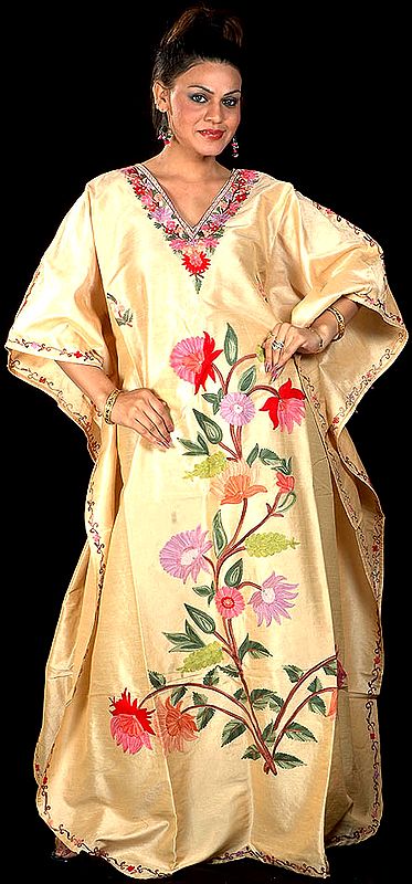 Beige Kaftan from Kashmir with Crewel-Embroidered Flowers