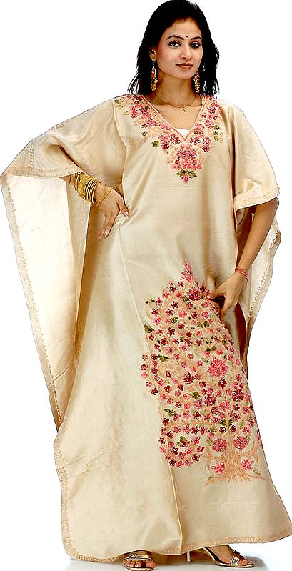 Beige Kaftan with Floral Aari Embroidery and Sequins