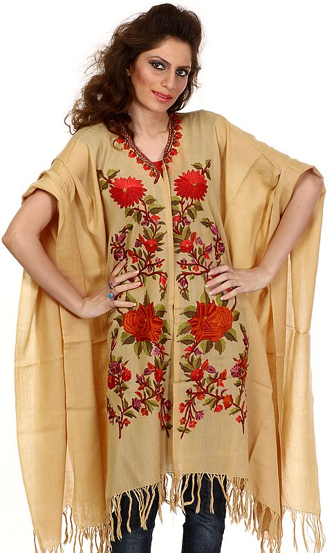 Beige Kashmiri Cape with Aari-Embroidered Flowers by Hand