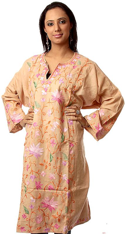 Beige Kashmiri Phiran with Embroidered Creepers in Pink and Orange Thread