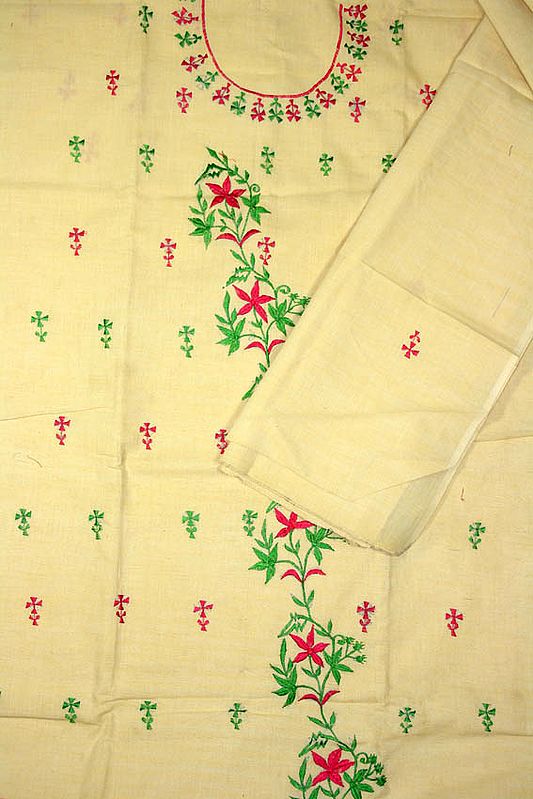 Beige Khadi Suit with Crewel Embroidery