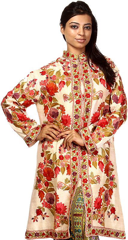 Beige Long Kashmiri Jacket with Embroidered Leaves and Flowers