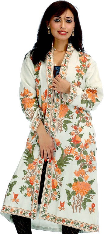 Beige Long Kashmiri Jacket with Floral Embroidery and Sequins