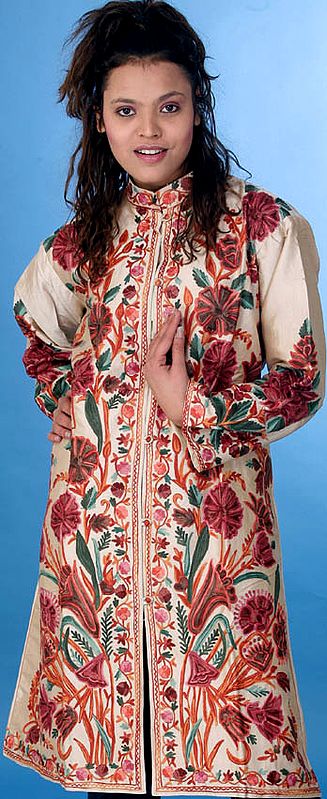 Beige Long Silk Jacket with Embroidered Tulips