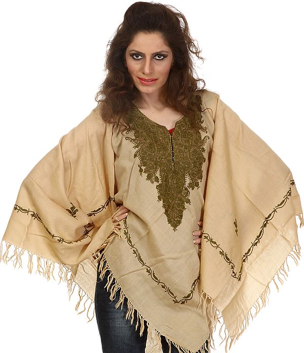 Beige Poncho with Aari Embroidery by Hand on Neck and Border