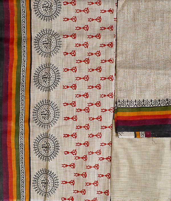 Beige Salwar Kameez Fabric from Jharkhand with Printed Folk Warli Motifs
