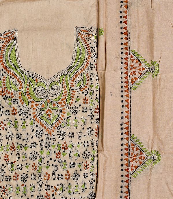 Beige Salwar Kameez Fabric with Kantha Embroidery All Over