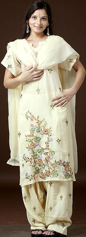 Beige Salwar Kameez with Persian Floral Embroidery