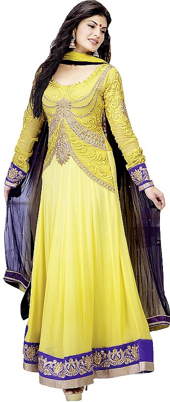 Bettercup-Yellow Designer Anarkali Kameez Suit with Metallic Thread Embroidery