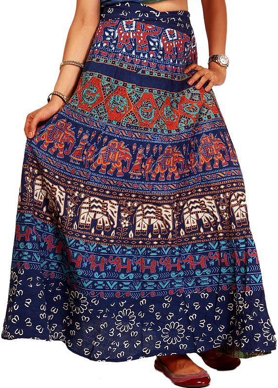 Bijou-Blue Printed Wrap-Around Skirt with Printed Elephants