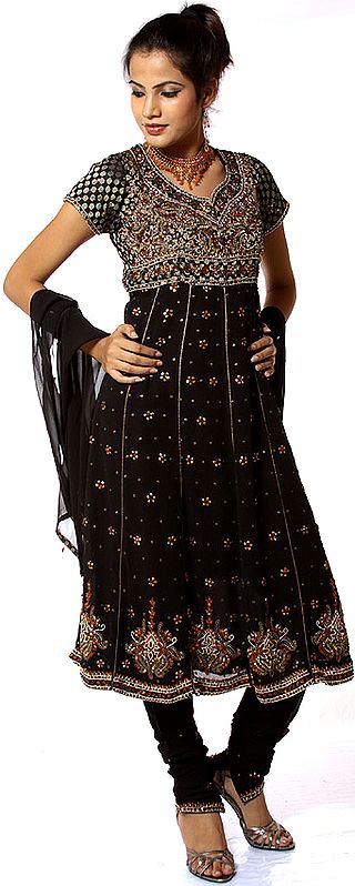 Black Anarkali Suit with Antique Beadwork and Brocaded Flowers