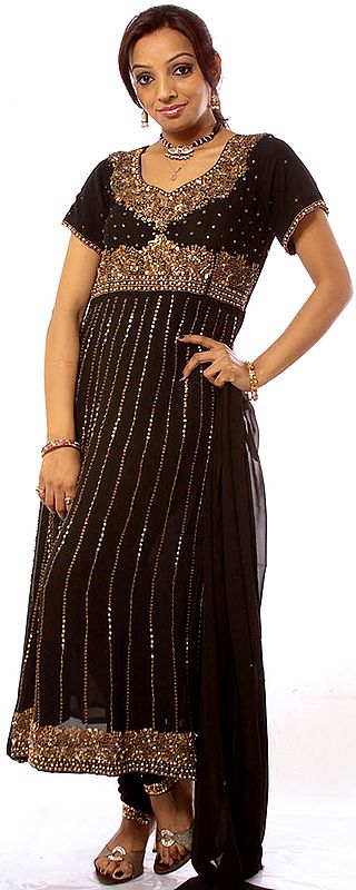 Black Anarkali Suit with Embroidered Brass Sequins and Beads