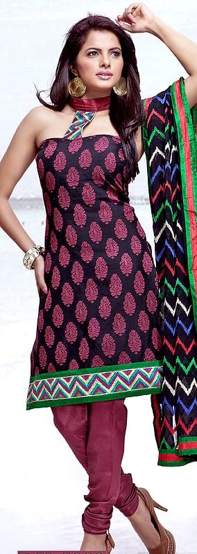 Black and Cerise Churidar Kameez Suit with Woven Booties and Patch Border