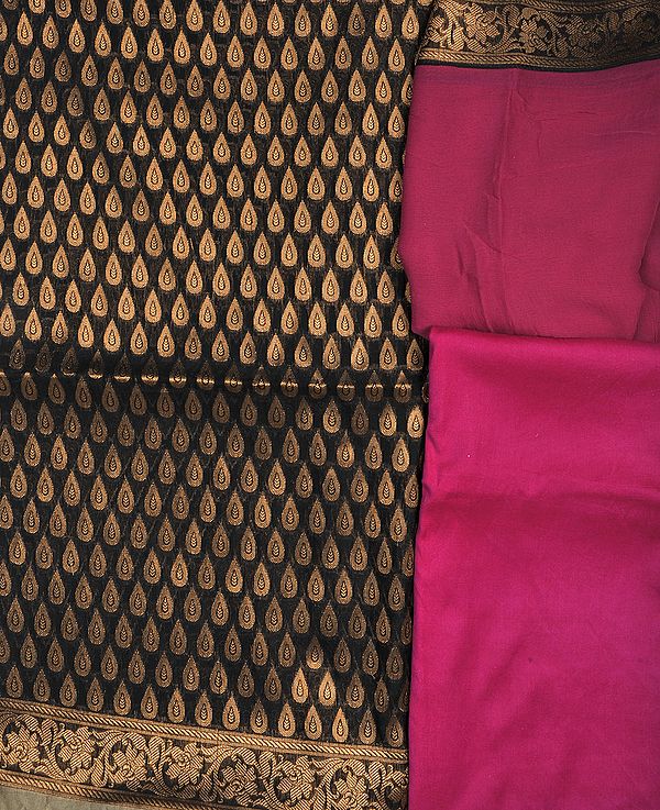 Black and Fuchsia Banarasi Salwar Kameez Fabric with Brocaded Bootis in Zari Thread