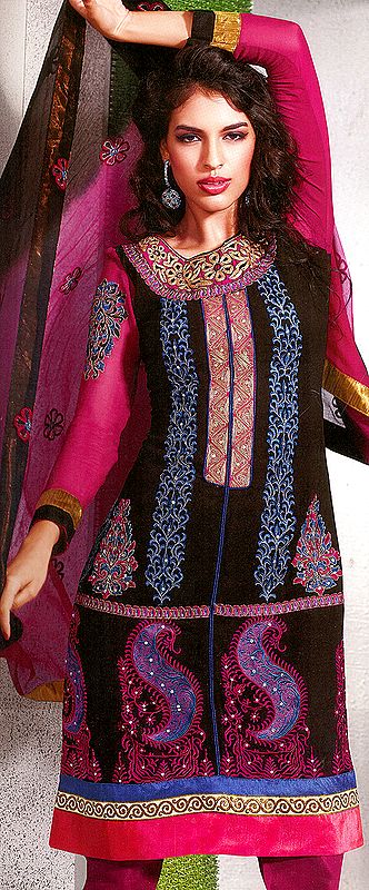 Black and Fuchsia Choodidaar Kameez Suit with Thread Embroidery and Patch Border