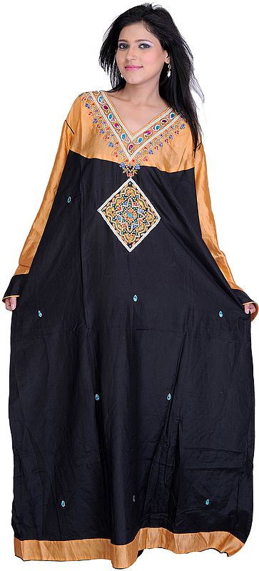 Black and Gold-Earth Kashmiri Kaftan with Embroidered Faux Pearls and Beads