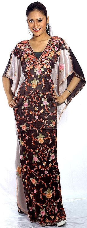 Black and Gray V-Neck Kaftan with Crewel Embroidery All-Over