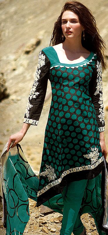 Black and Green Choodidaar Kameez Suit with Printed Polka Dots and Crewel Embroidered Floral Patch Border