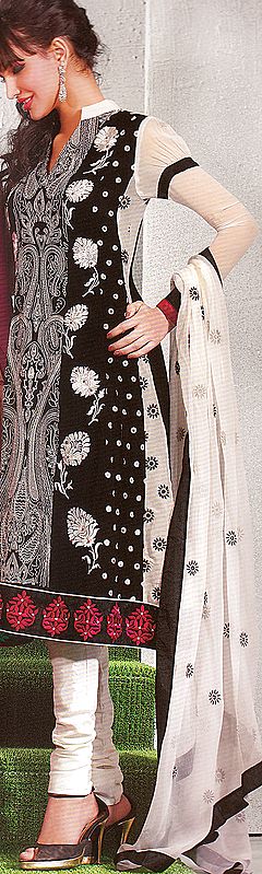 Black and Ivory Designer Choodidaar Suit with Crewel Embroidery and Patch Border