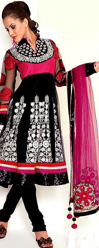 Black and Magenta Designer Choodidaar Suit with All-Over Aari Embroidery and Floral Dupatta