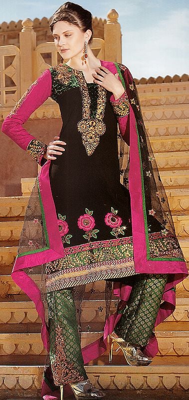 Black and Magenta Parallel Suit with Crewel Embroidered Flowers and Sequins