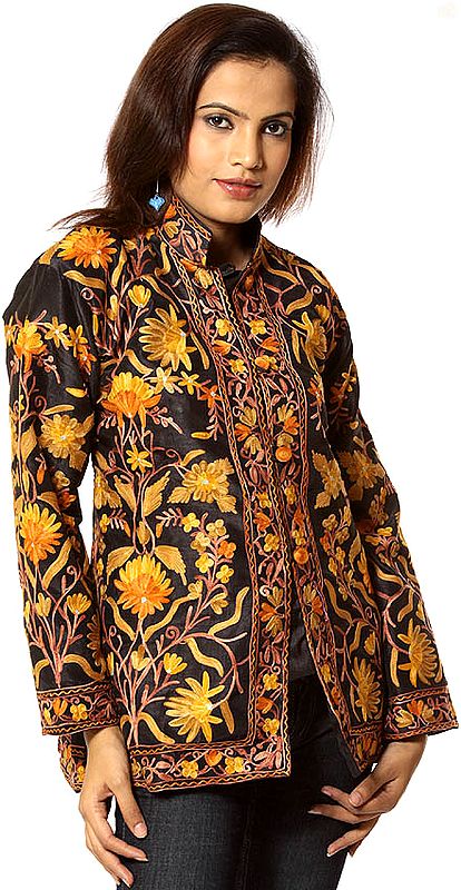 Black and Marigold Jacket with All-Over Aari Embroidery